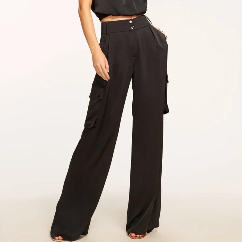 NEW NWOT RAMY BROOK SATIN RUMER WIDE STRAIGHT CARGO PANTS PLEATED HIGH RISE sz 2